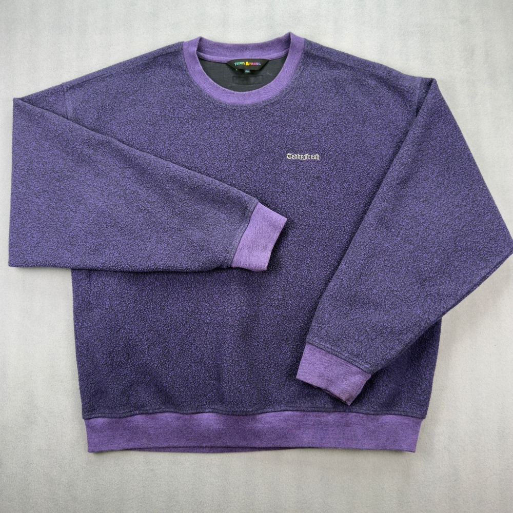 Teddy Fresh Mens Purple Boucle Fleece Crewneck Sweatshirt Gothic Logo 2XL